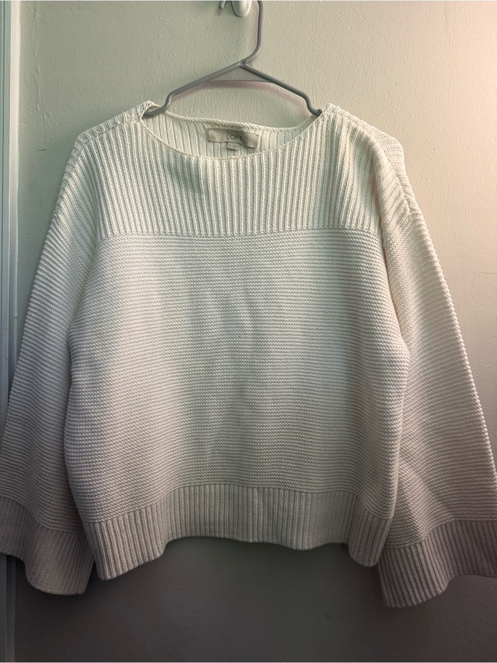 LOFT Cream Ribbed Crewneck Sweater